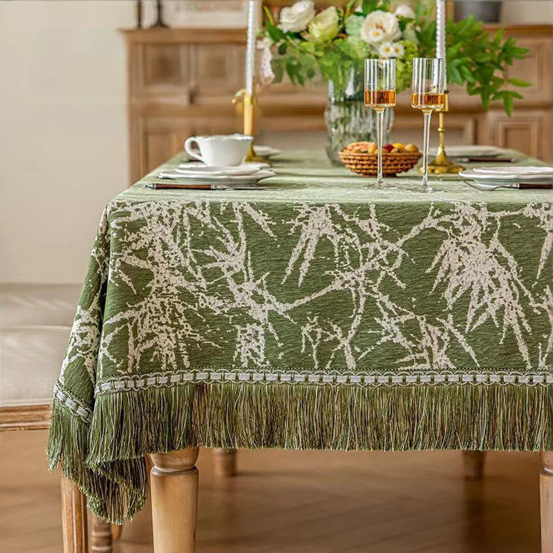 Vintage Bamboo Jacquard Tassel Tablecloth - 112" - Round - Green - image 0