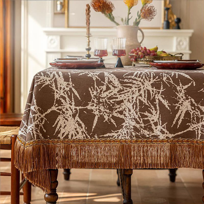 Vintage Bamboo Jacquard Tassel Tablecloth - 112" - Round - Brown - image 6