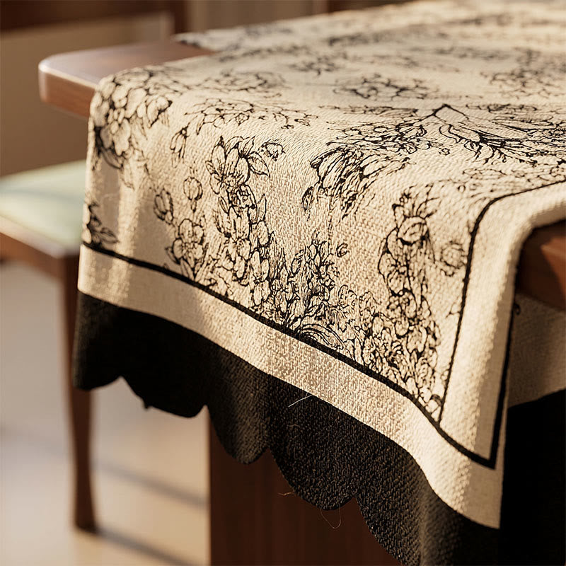 Black Floral Cotton Linen Tablecloth - image 1