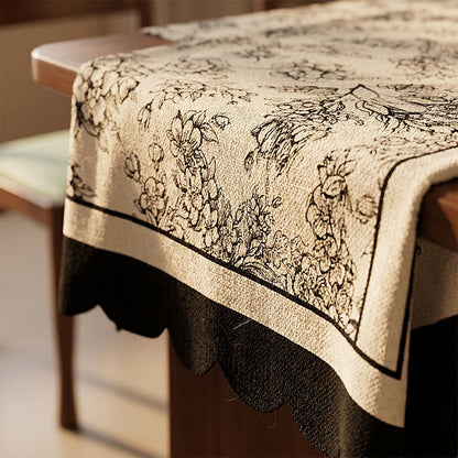 Black Floral Cotton Linen Tablecloth - image 1