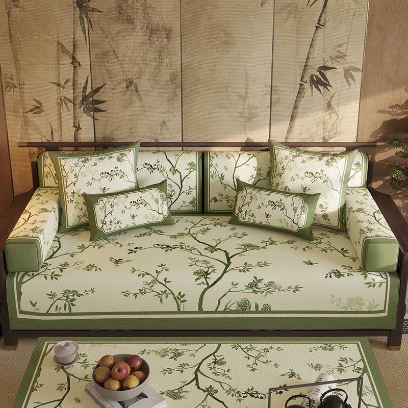 Vintage Green Branch & Floral Sofa Slipcover - Sofa Protector - 43" x 110" - image 0