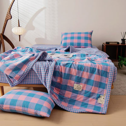 Yarn-dyed Plaid Pure Cotton Vintage Bedding - Blue & Pink - Bedding Set - King - image 11