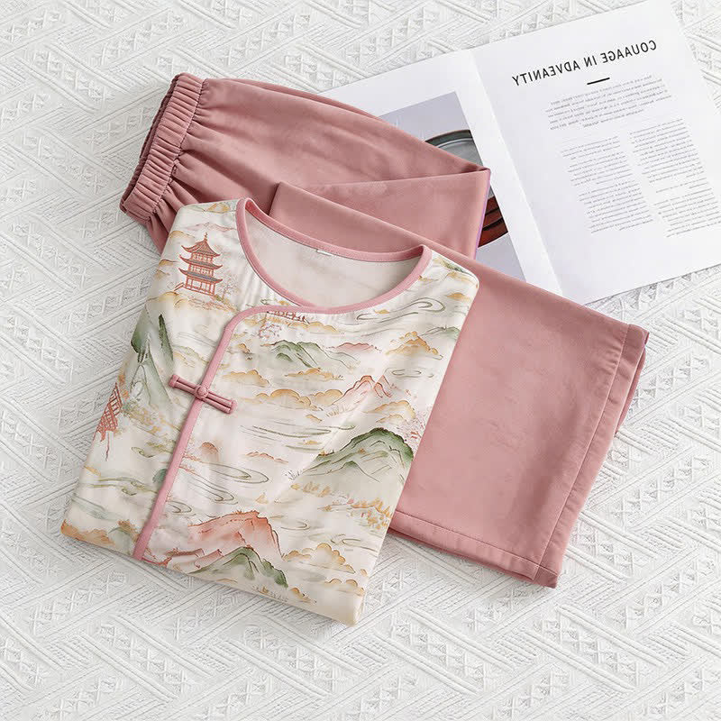 Ownkoti Oriental Landscape Eastern-Inspired Loungewear Set - Pink - M - image 0