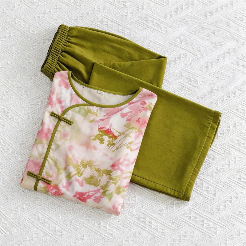 Ownkoti Oriental Cherry Blossom-Inspired Pajama Set - Green - M - image 0