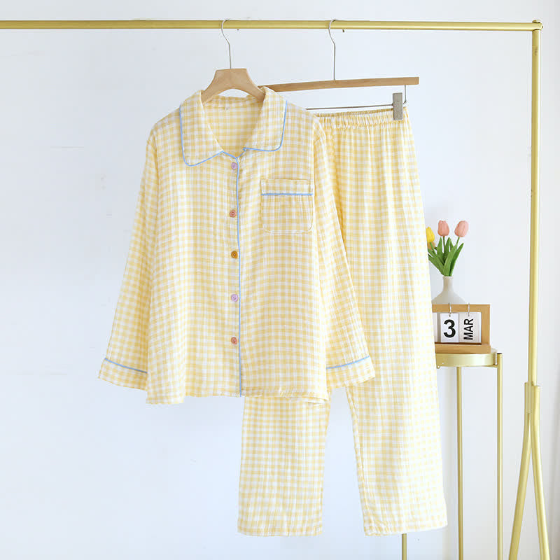 Gingham Pure Cotton Pajama Set - Yellow - XL - image 14