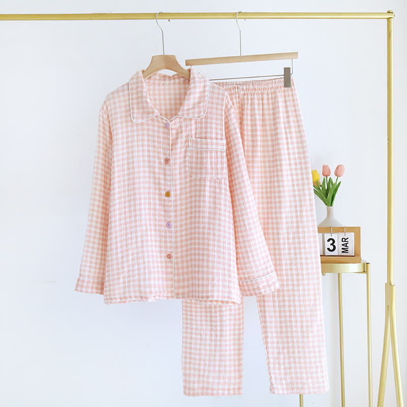 Gingham Pure Cotton Pajama Set - Pink - XL - image 1