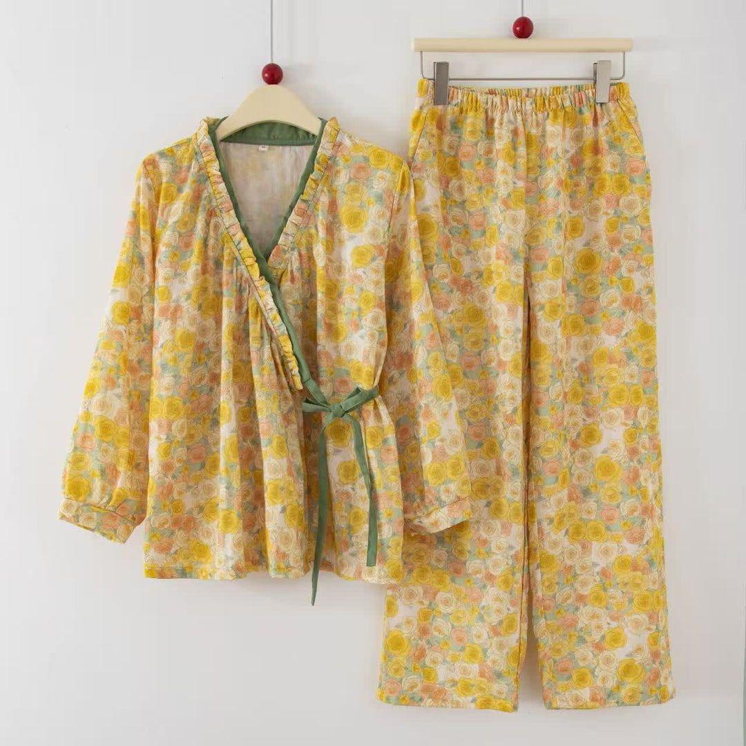 Yellow Floral Cotton Ruffle Wrap Loungewear Set - Yellow - XL - image 0