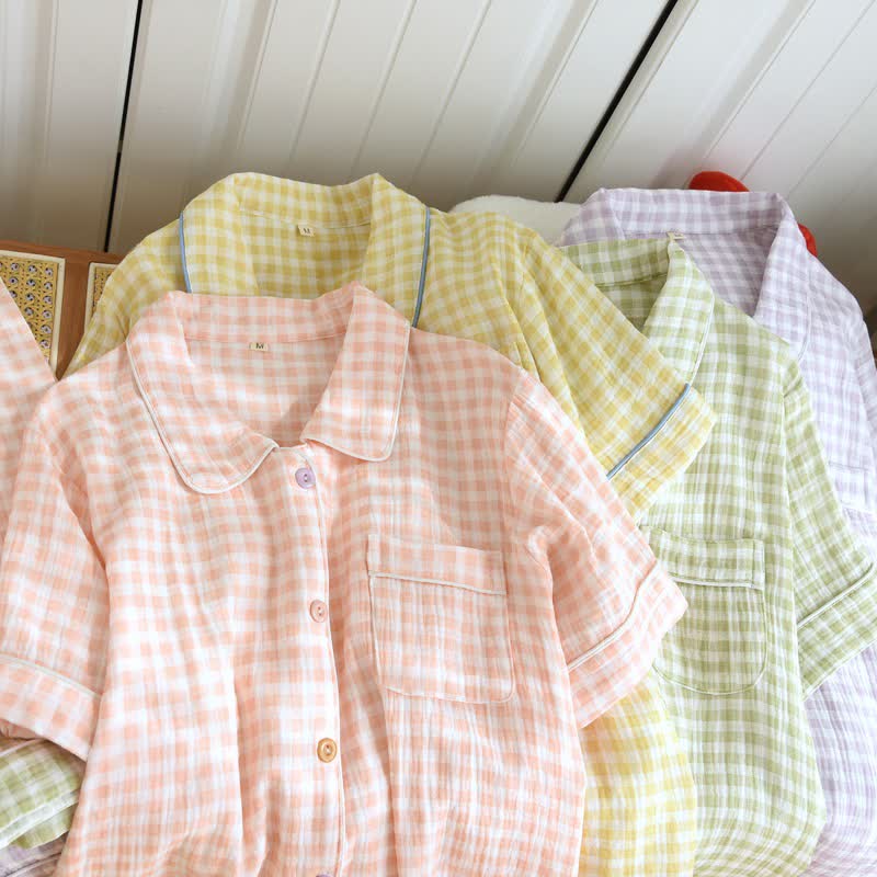 Gingham Cotton Gauze Pajamas with Colorful Buttons - image 2