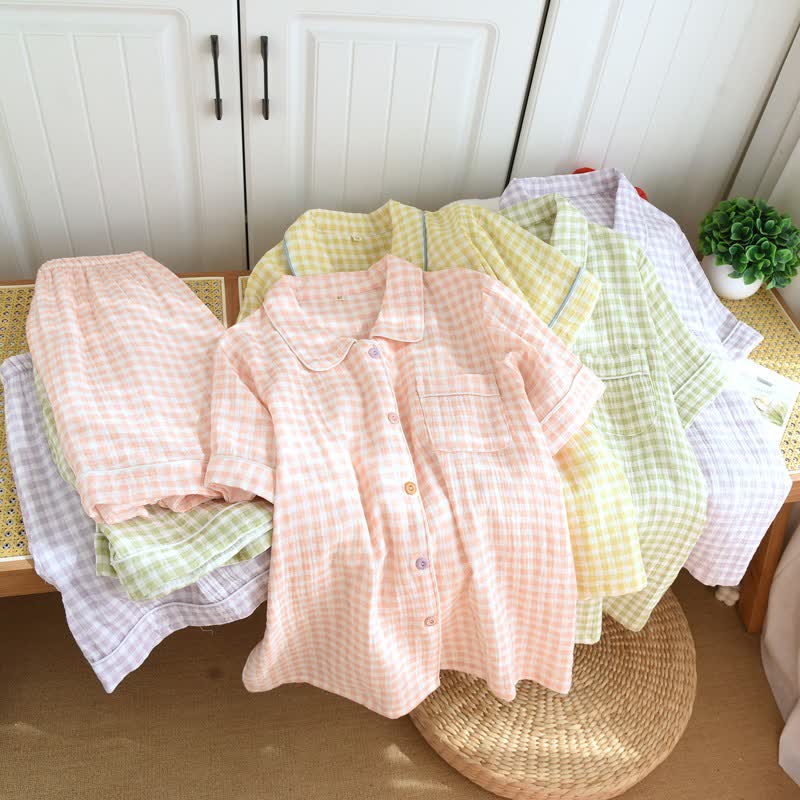 Gingham Cotton Gauze Pajamas with Colorful Buttons - image 0