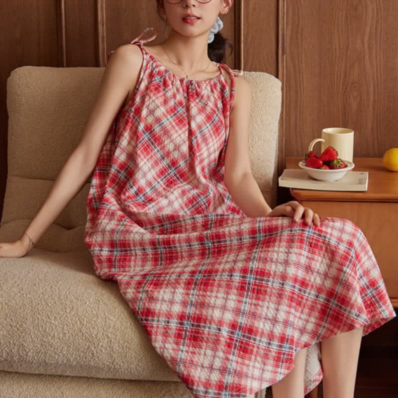 Red Plaid Tie Straps Nightgown - image 1