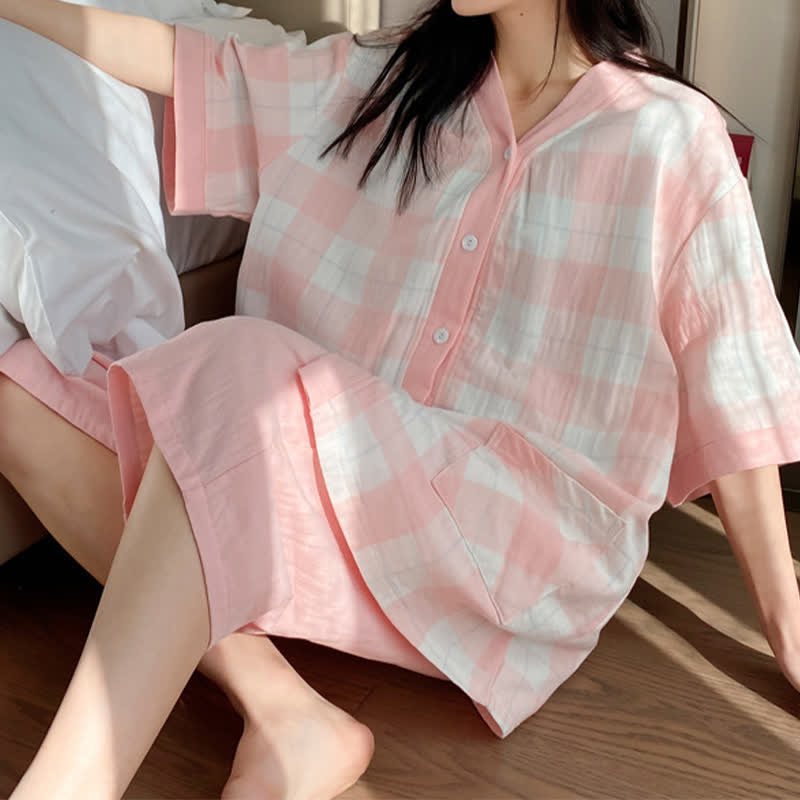 Plaid Cotton Gauze Button-Front Pajama Set - Pink - 5XL - image 0