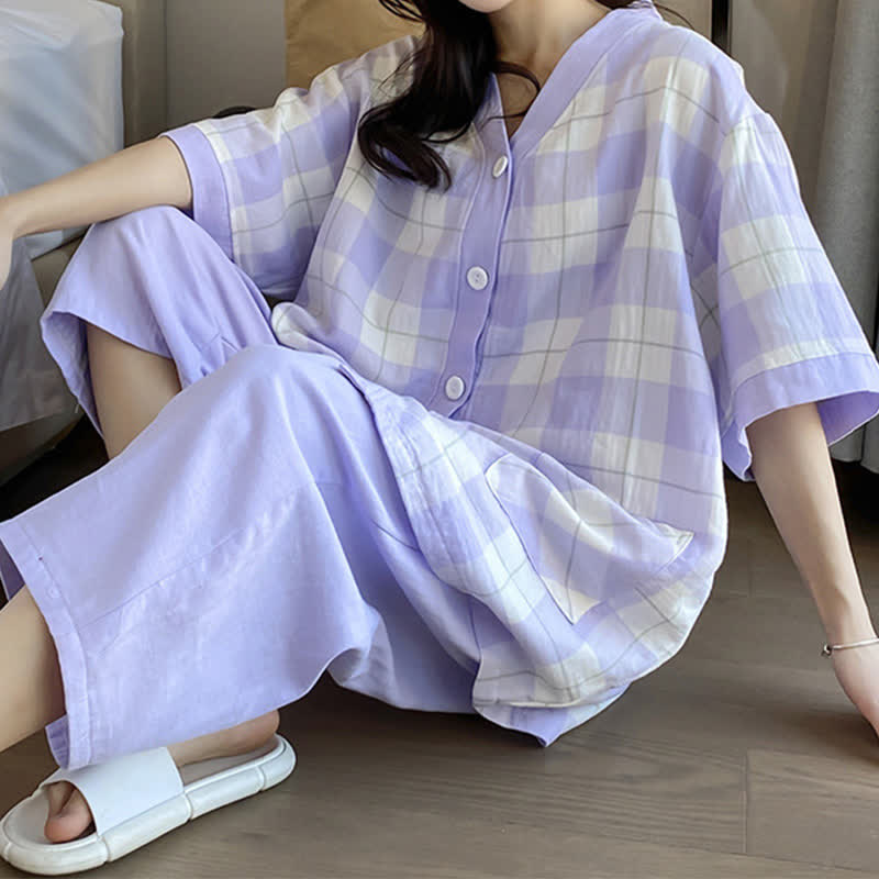 Plaid Cotton Gauze Button-Front Pajama Set - Purple - 5XL - image 7