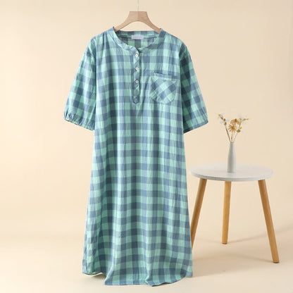 Plaid Cotton Gauze Nightgown with 3-Button - Green - XL - image 2