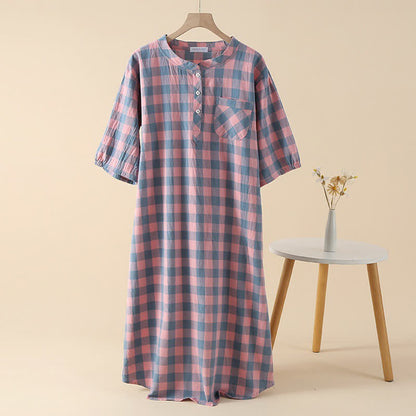 Plaid Cotton Gauze Nightgown with 3-Button - Pink - XL - image 0
