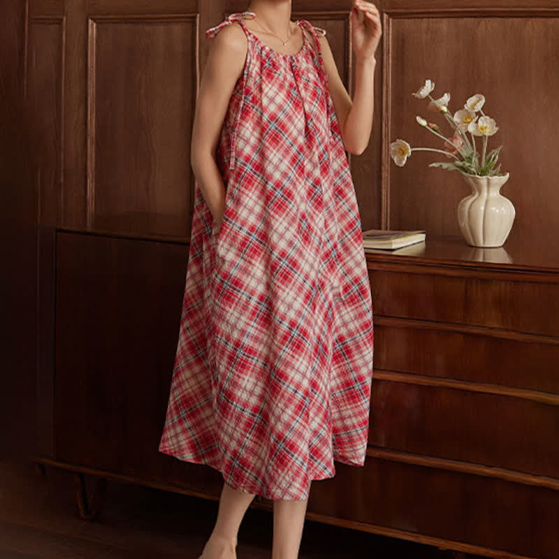 Red Plaid Tie Straps Nightgown - image 4