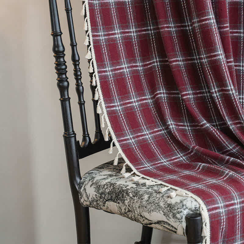 Vintage Style Burgundy Plaid Tassel Curtain - image 8