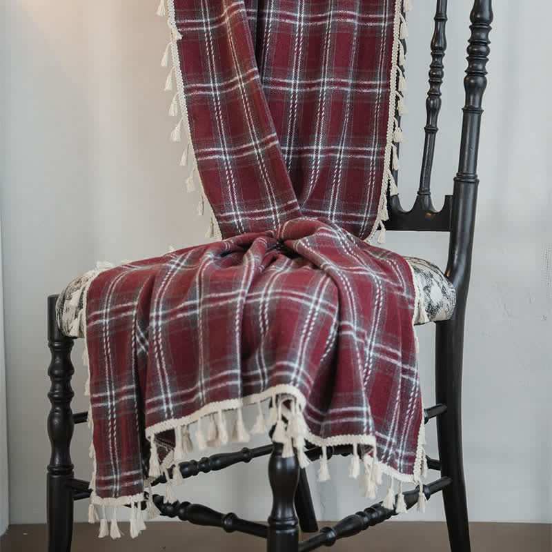Vintage Style Burgundy Plaid Tassel Curtain - image 6