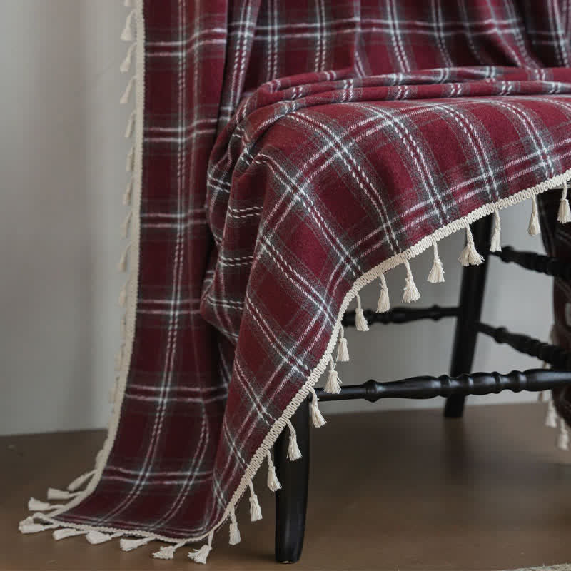 Vintage Style Burgundy Plaid Tassel Curtain - image 10