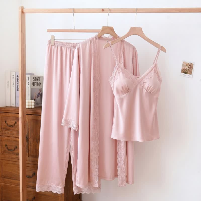 Elegant Silky Lace Trim Loungewear Set(3PCS) - Pink - XL - image 0