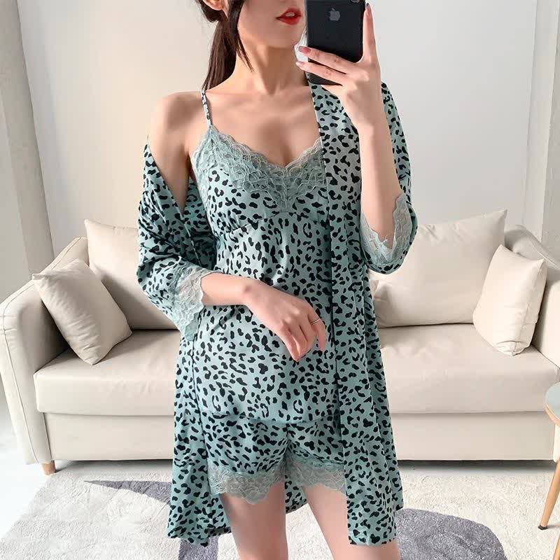 Leopard Lace Trim Cami Shorts Robe Set - image 1