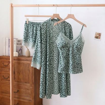 Leopard Lace Trim Cami Shorts Robe Set - Blue - 2XL - image 0