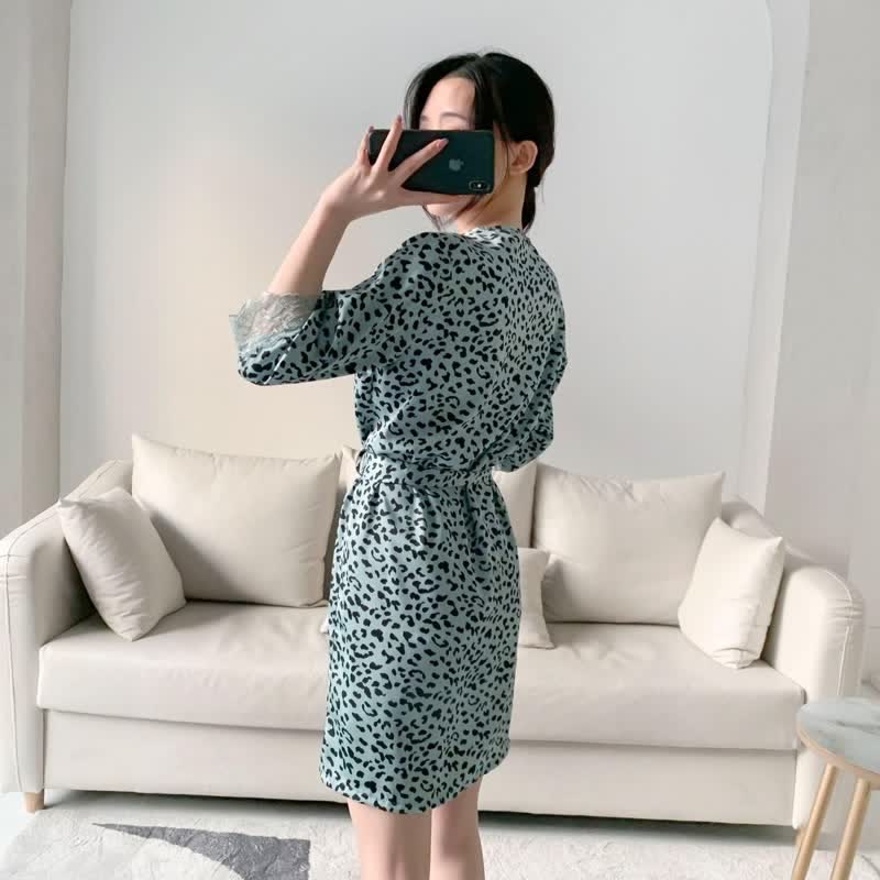 Leopard Lace Trim Cami Shorts Robe Set - image 5