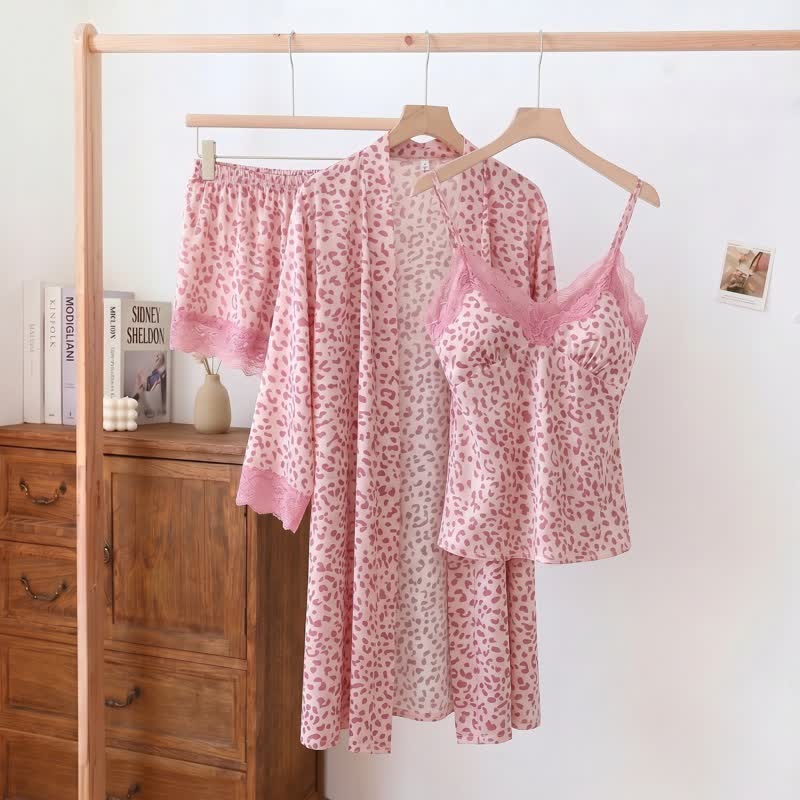 Leopard Lace Trim Cami Shorts Robe Set - Pink - 2XL - image 8