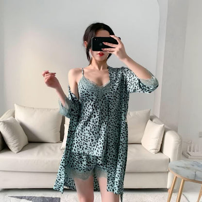 Leopard Lace Trim Cami Shorts Robe Set - image 3