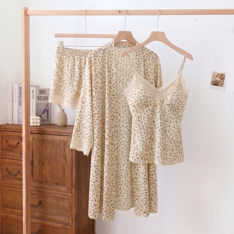 Leopard Lace Trim Cami Shorts Robe Set - Beige - 2XL - image 9