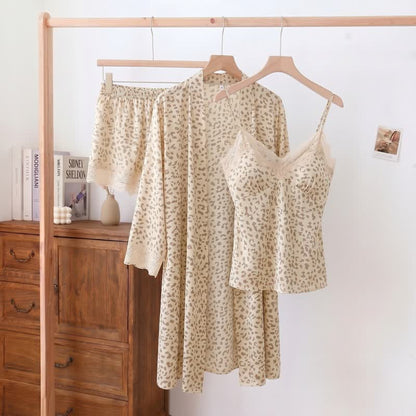 Leopard Lace Trim Cami Shorts Robe Set - Beige - 2XL - image 9