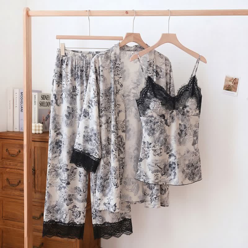 Elegant Black Floral Lace Camisole Robe Set(3PCS) - White - XL - image 0
