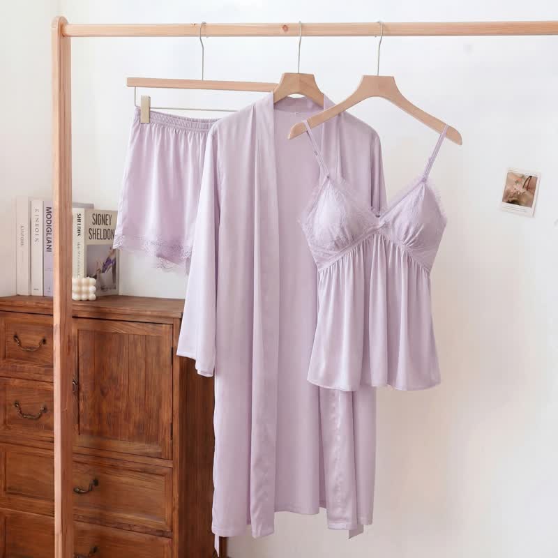 Elegant Lace Trim Loungewear Set - Purple - Cami & Shorts & Robe - XXL - image 16
