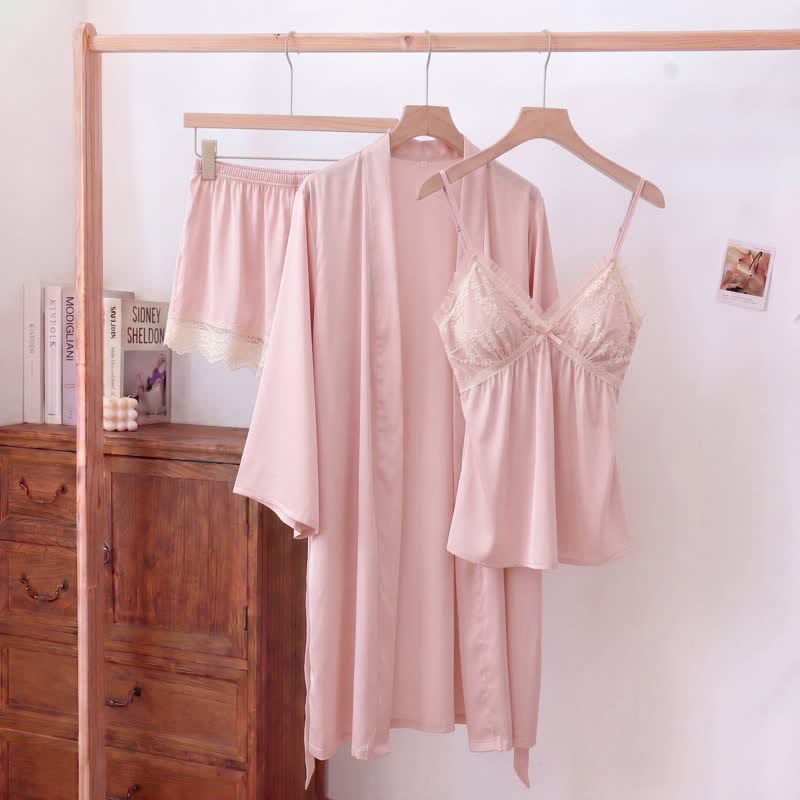 Elegant Lace Trim Loungewear Set - Pink - Cami & Shorts & Robe - XXL - image 12