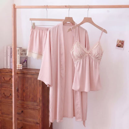 Elegant Lace Trim Loungewear Set - Pink - Cami & Shorts & Robe - XXL - image 12