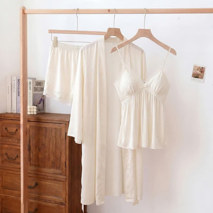 Elegant Lace Trim Loungewear Set - White - Cami & Shorts & Robe - XXL - image 0