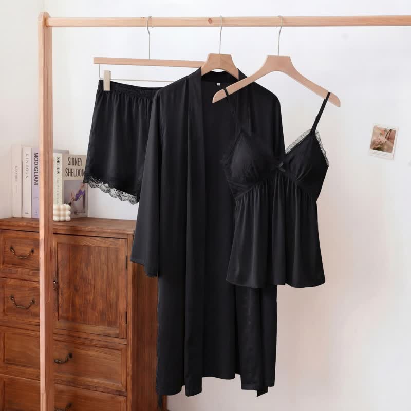 Elegant Lace Trim Loungewear Set - Black - Cami & Shorts & Robe - XXL - image 6
