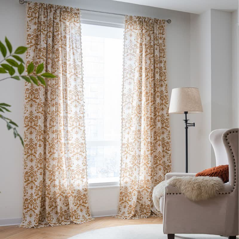 Vintage Yellow Pattern Curtain with Tassel - Grommet - 59" x 118" - image 0