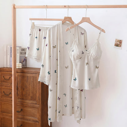 Butterfly Silky Lace Trim Cami Pajama Set - Beige - Cami & Shorts & Robe - XL - image 0