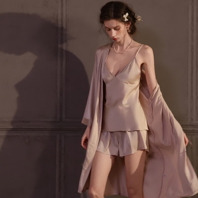Solid Color Silky Cami Pajama Set(3PCS) - image 2