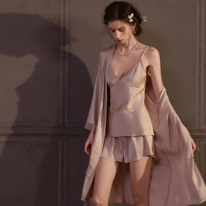 Solid Color Silky Cami Pajama Set(3PCS) - image 2