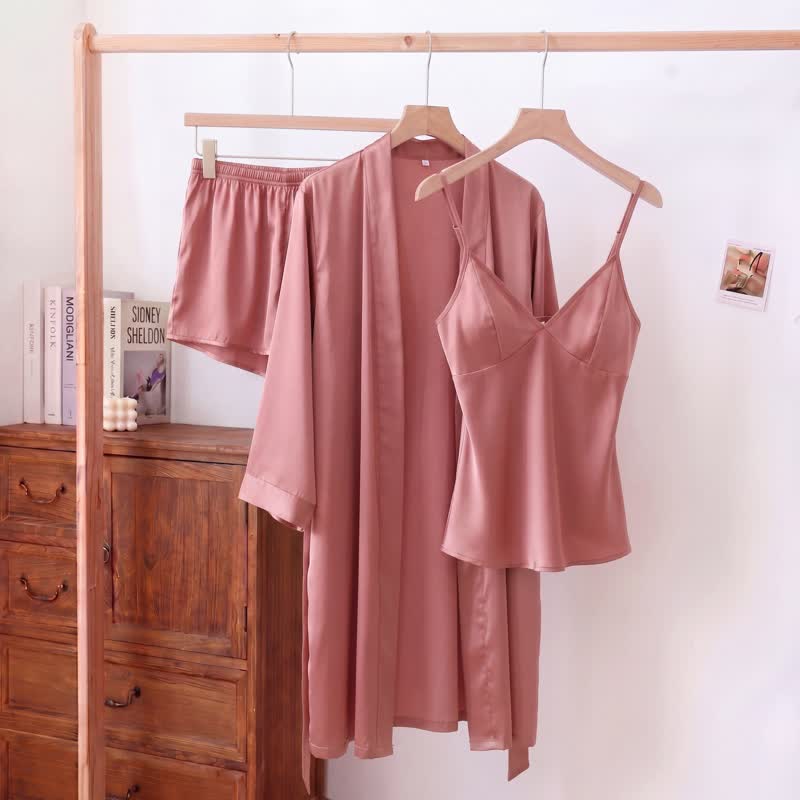 Solid Color Silky Cami Pajama Set(3PCS) - Rose - XL - image 3