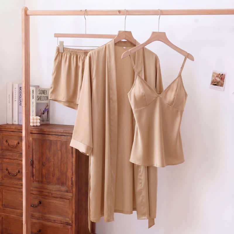 Solid Color Silky Cami Pajama Set(3PCS) - Champagne - XL - image 0