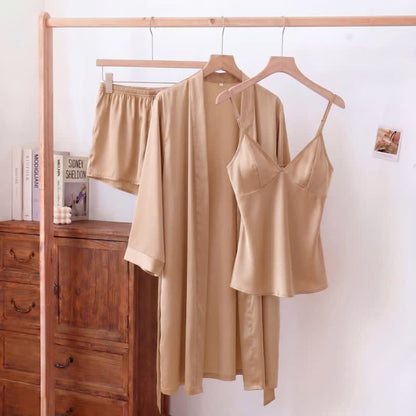 Solid Color Silky Cami Pajama Set(3PCS) - Champagne - XL - image 0