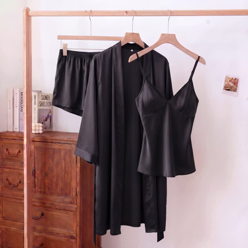 Solid Color Silky Cami Pajama Set(3PCS) - Black - XL - image 8