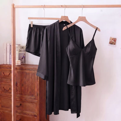 Solid Color Silky Cami Pajama Set(3PCS) - Black - XL - image 8