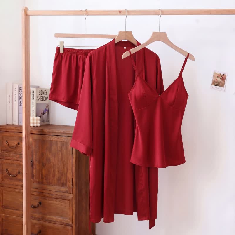 Solid Color Silky Cami Pajama Set(3PCS) - Wine - XL - image 6