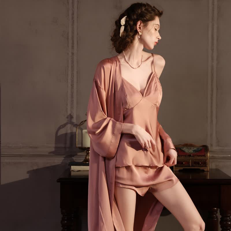 Solid Color Silky Cami Pajama Set(3PCS) - image 5