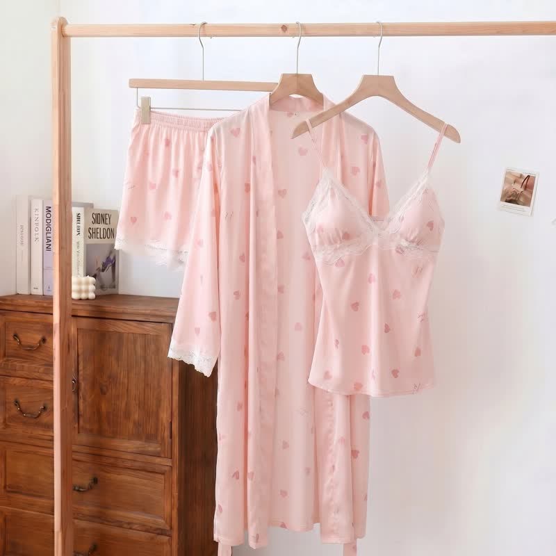 Heart & Bow Lace Trim Cami Pajama Set(3PCS) - Pink - XL - image 1