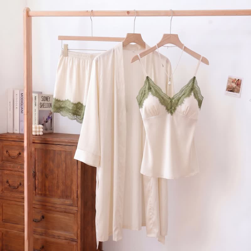 Solid V-Neck Lace Trim Cami Pajama Set(3PCS) - White - XL - image 4