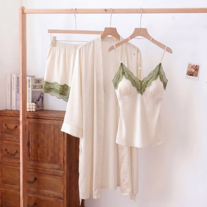 Solid V-Neck Lace Trim Cami Pajama Set(3PCS) - White - XL - image 4